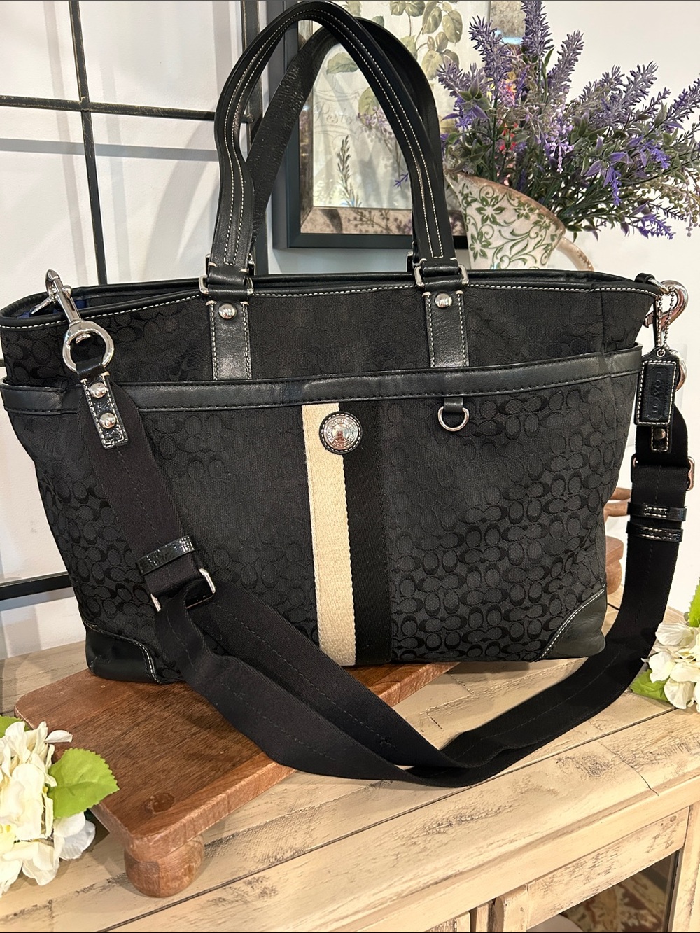 Coach Black Signature Messenger Tote with Cream Center Stripe